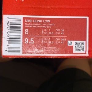 Brand:Nike 
Size:8 
Color:black/university gold-white